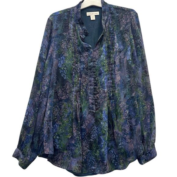 Coldwater Creek Large Top Blue Bohemian Chiffon Henley Lightweight Lined Size 14 - Picture 1 of 5